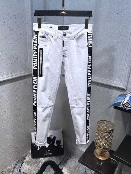 

mens designer jeans fashion letter side stripe stretch jeans skinny spliced ripped high stree white denim pants us size 28-36, Blue