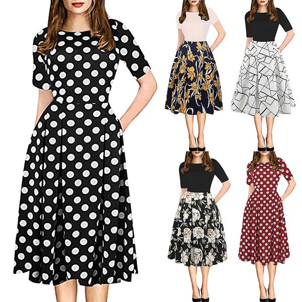 

casualÂ summerÂ dressÂ womenÂ clothesÂ fashion womens vintage patchwork pockets puffy swing print casual party dress vestidos 42, Black;gray