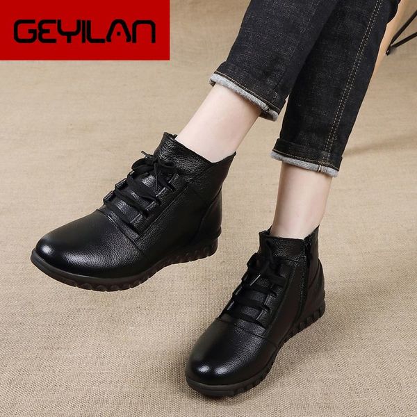

genuine leather shoes woman winter boots 2019 women's ankle boots flat with zip fur botas mujer female retro shoes, Black