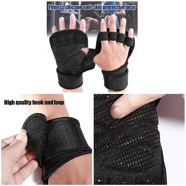 

newly 1 pair ventilated weight lifting gloves with built-in wrist wraps full palms protecting extra grip, Black