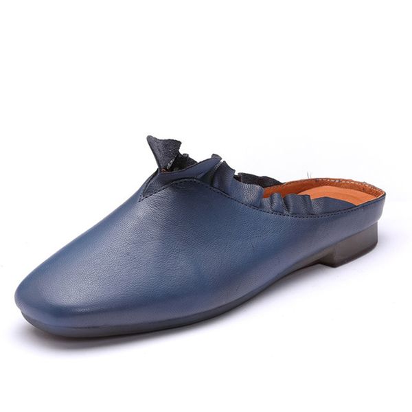 

new 100%genuine leather women's slippers wear-resistant outsole design blue brown casual style lace beach shoes, Black