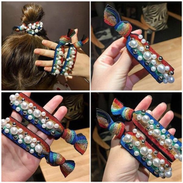 

ins стиль rainbow pearl leopard хвост держатель для волос резинки для волос эластичный веревка hairband для женщин девушки резинки для волос, Golden;silver