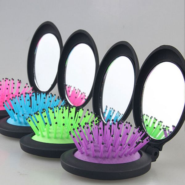 

new women portable travel outdoor household mini round massage folding hair brush with mirror for make up