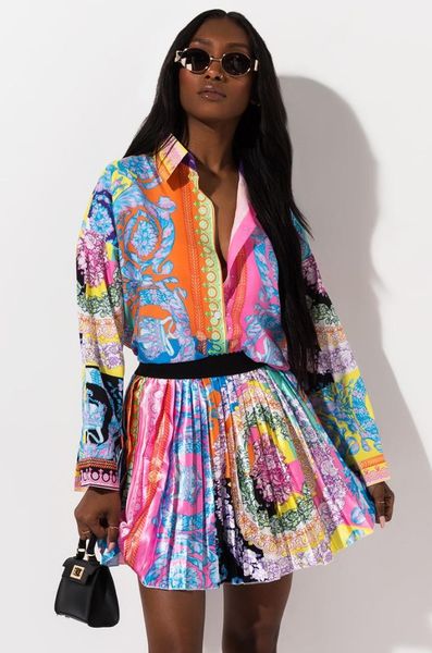 

2 pieces set autumn africa fashion women set 2019 female floral print long sleeve shirt elastic waist mini skirts, Red