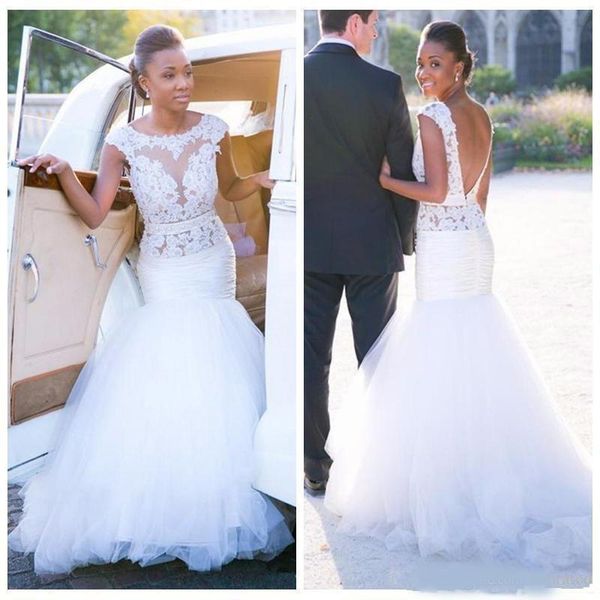 

2020 vintage appliques lace mermaid wedding dresses tulle sweep train african wedding dresses style garden black girls bridal gowns custom, White