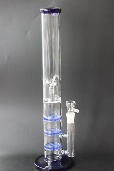 Em estoque Bong de vidro de tubo reto azul de 18 polegadas Narguilés de camada tripla Favo de mel Perc Coador Cachimbos de água Apanhador de gelo Bongs de vidro inebriante Dab Rig