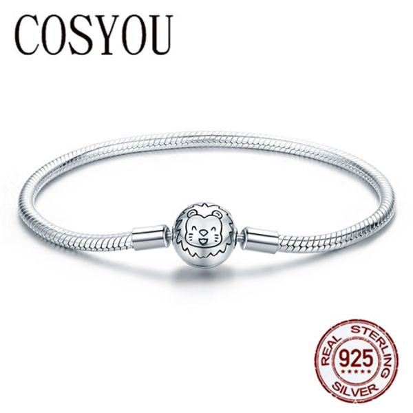 

cosyou 100% 925 sterling silver lion animal round clasp snake strand chain bracelets for women sterling silver jewelry scb054, Golden;silver