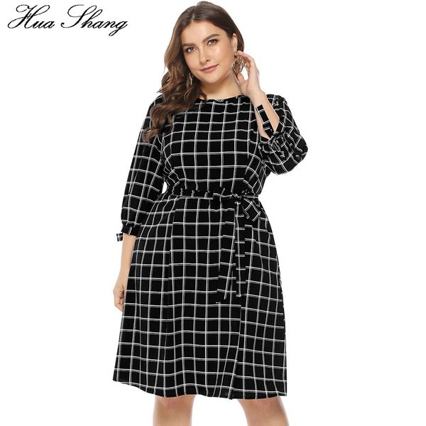 

plaid summer dress women o neck three quarter sleeve high waist casual midi dress belted plus size ladies tunic dresses, Black;gray