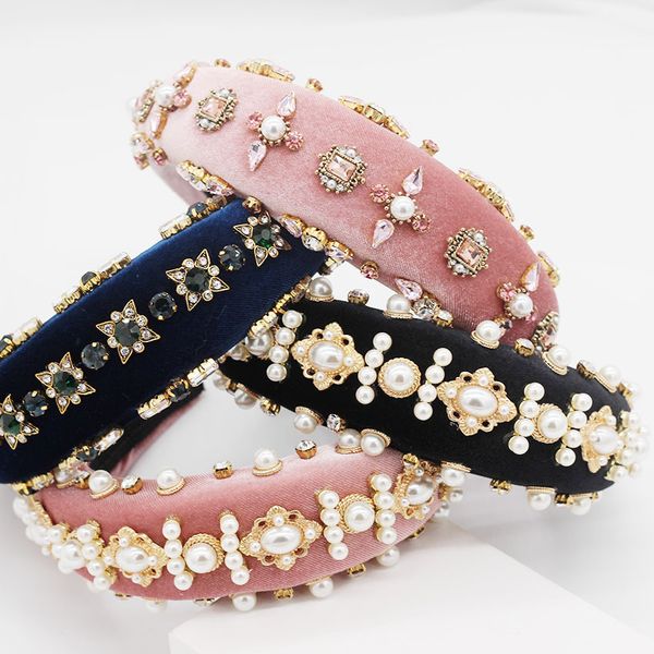 

baroque style luxury pearl rhinestone velvet foam women wide headbands hair jewelry accessories hairbands for wedding catwalk, Golden;white