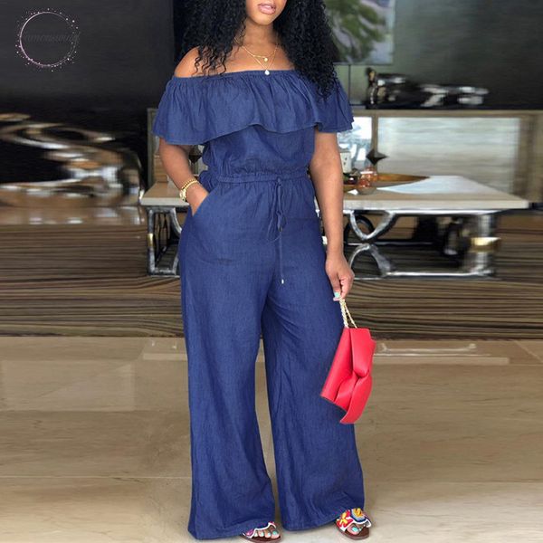 

denim rompers womens solid 2019 jumpsuit slash neck off shoulder ruffles playsuit plus size wide leg pants summer overalls, Black;white