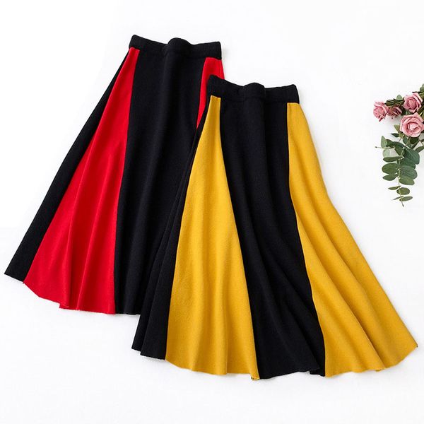 

2019 women knitted skirt elegant high waist thicken striped midi skirts women casual a-line vintage skirts saias autumn/winter, Black