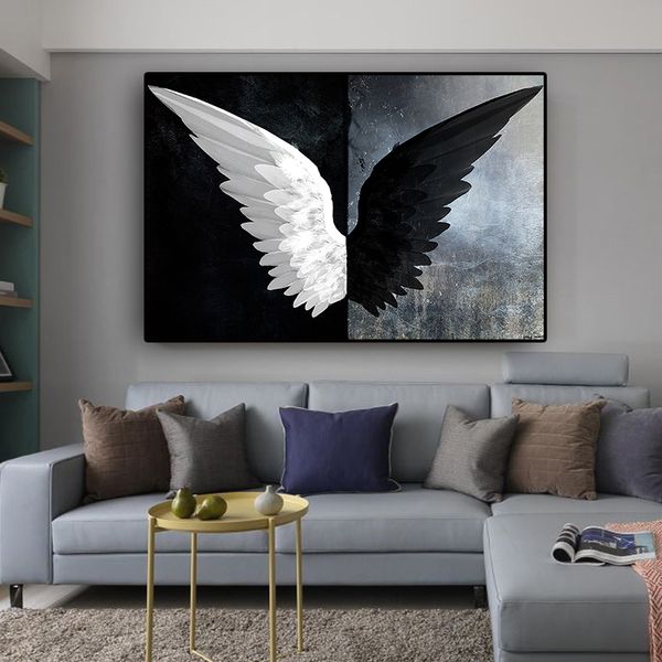 

black and white powerful feather wings wall art pictures painting wall art for living room home decor (no frame