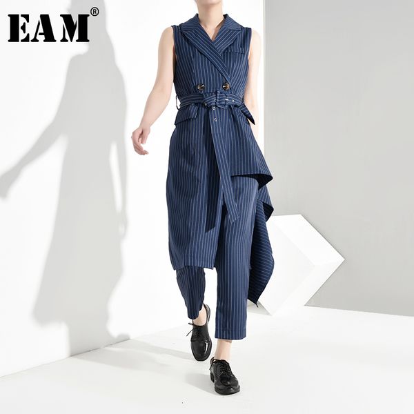 

eam] wide leg pants striped asymmetrical two piece suit new lapel sleeveless loose fit women fashion spring autumn 2019 yg3580, White