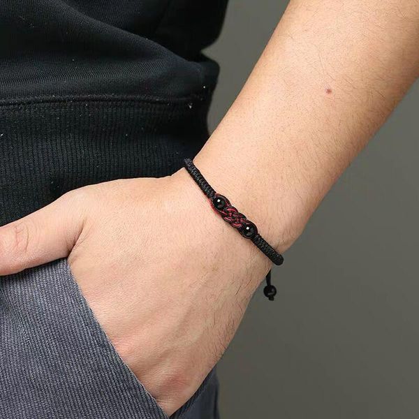 Natural Vermelho Black Onyx Pedra Grânulos Pulseira Mulheres Homens abençoados Bom Boa sorte Notas Pulseira Ajustável Corda Tibetana Budista Jóias