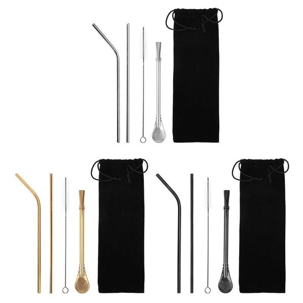 

5pcs/set metal straw reusable drinking stainless steel straw with cleaner brush for mugs bar accessories new
