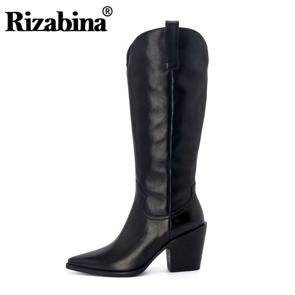 

rizabina vintage genuine leather long boots women knee high boots solid color pointed toe high heels shoes women size 34-39, Black