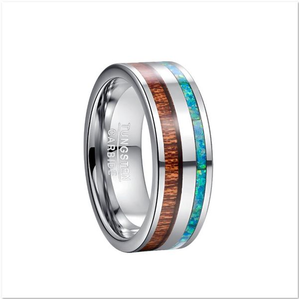 

2020 inlaid green opal acacia silver tungsten steel men wedding ring jewelry wood love ring for anel masculino, Slivery;golden