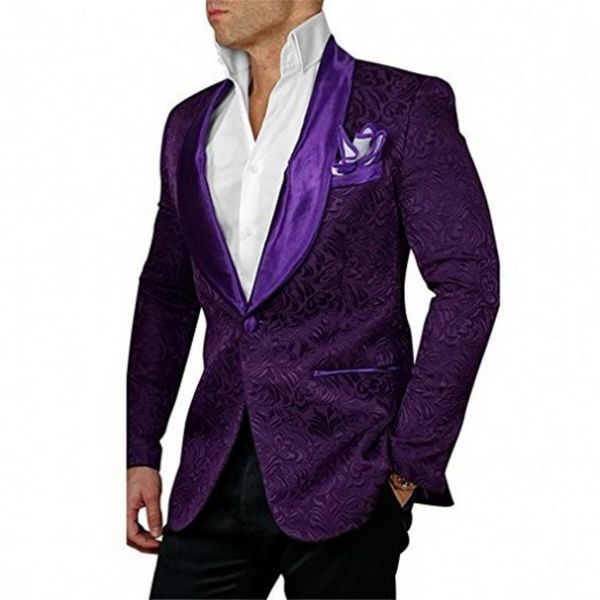 Custom Made Men sere o teste padrão roxo e preto Noivo Smoking Xaile Satin lapela Groomsmen Wedding Best Man 2 peças (jaqueta + calça + empate) L529