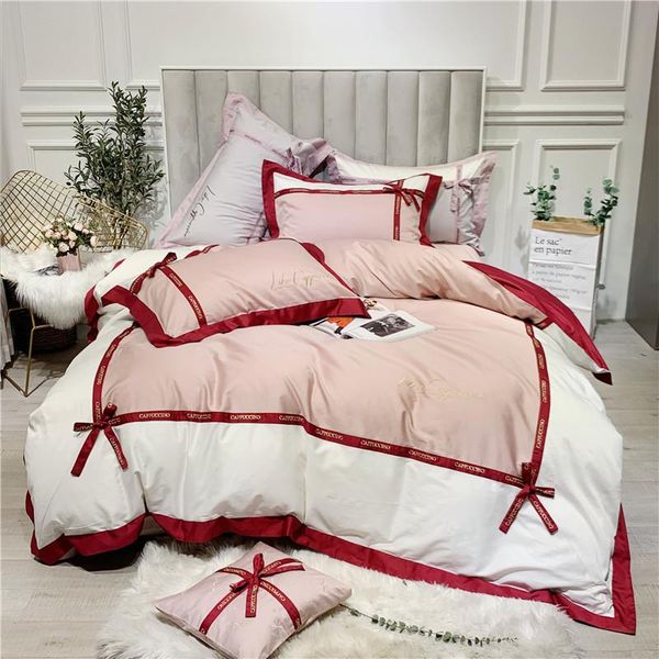 

42 princess style egyptian cotton bed linen soft satin bedding red bow duvet cover pillowcases bedspreads 4pcs sets