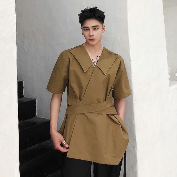 

summer new medium long coffee three quarter sleeve fashion shirt korean trend personality v-neck casual shirts, White;black
