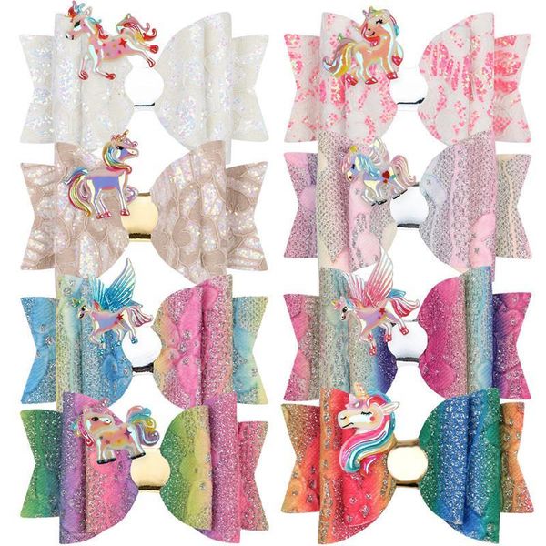 

3.5 inch baby girl hair clips unicorn bow barrettes hairbow hairpin sequins boutique cartoon hair head accessories, Slivery;white