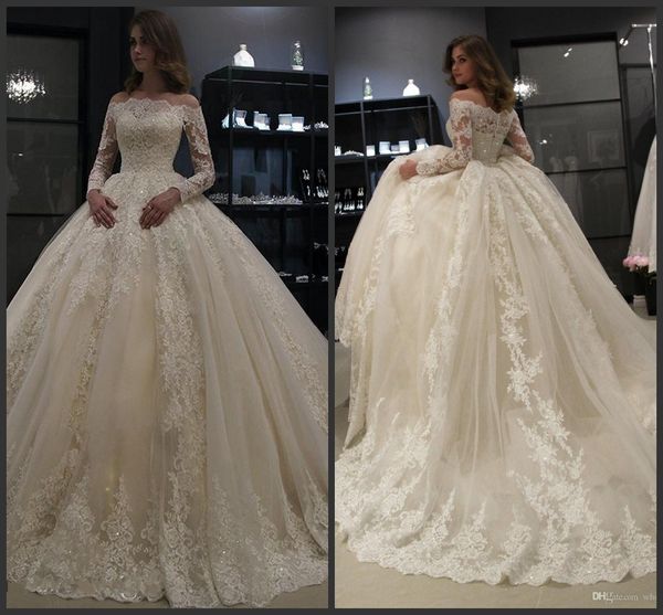 

elegant white bateau neck ball gown wedding dresses long sleeves tulle lace applique sweep train ruched bridal wedding gowns robe de mariée