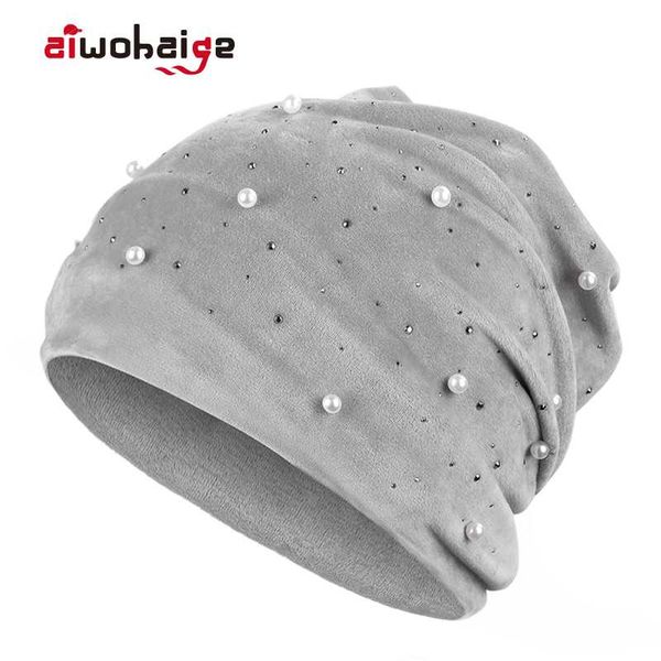 

2019 новая мода дамы pearl украшения beanies женщины осень зима бархатной ткани повседневная hat мягкая хеджирование cap bonnet skullies, Blue;gray