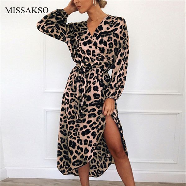 

leopard print dress chiffon vintage lace up long sleeve casual party women spring autumn midi dresses plus size vestidos, Black;gray
