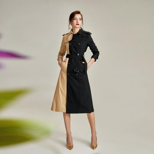 

2019 spring autumn women trench coat turn-down collar belt stitching double-breasted fashion plus size long trench coat h155, Tan;black