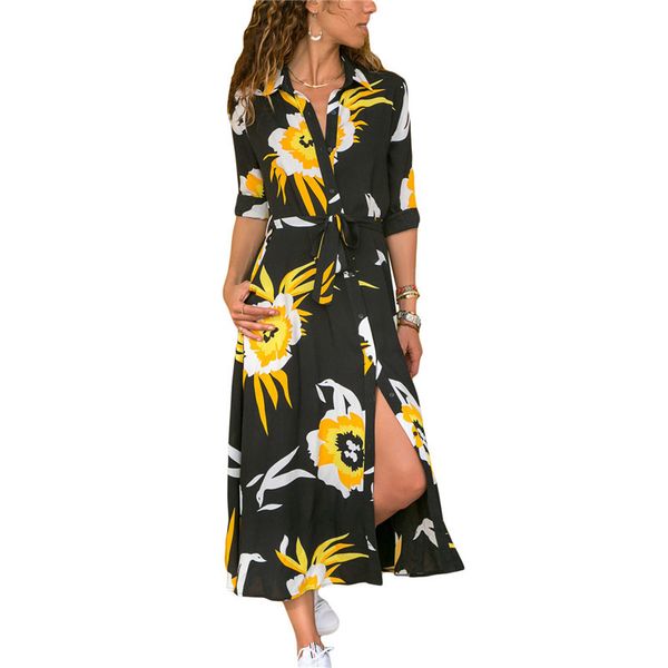 

women long sleeve dress vintage flower print party club bohemia v-neck casual maxi dress summer women dresses, Black;gray