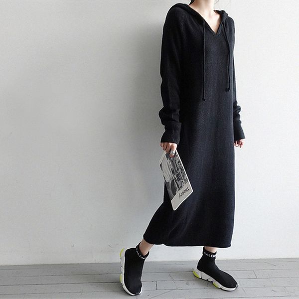 

new vintage warm autumn sweater women dress winter long sweater knitted dresses loose maxi oversize dresses long robe vestidos, White;black