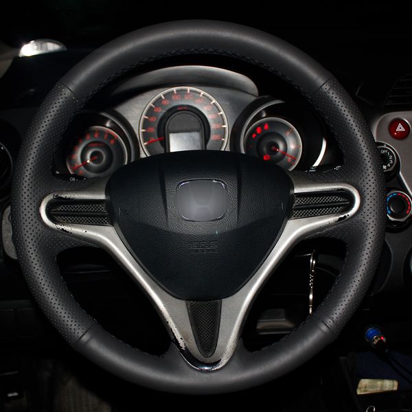 

black natural leather car steering wheel cover for honda fit 2009-2013 city jazz
