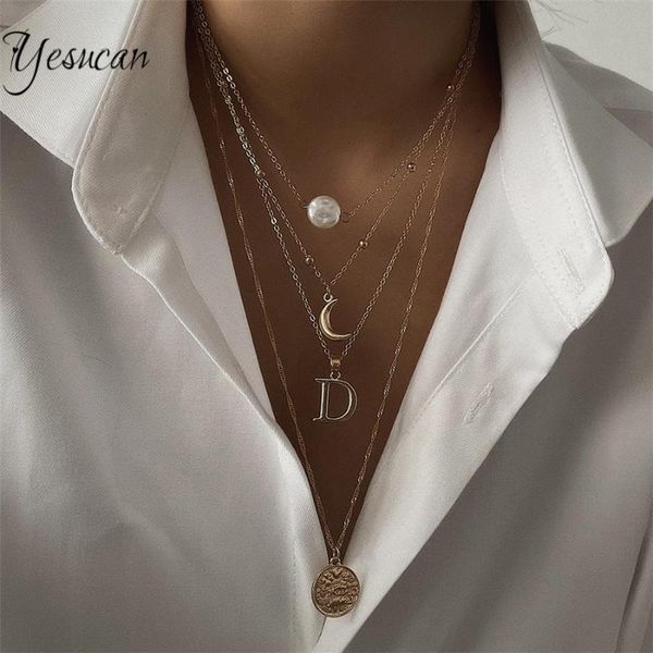 

bohemia simple multilevel c d letters head circle pendant necklace for women vintage statement beads chain geometric necklaces, Golden;silver