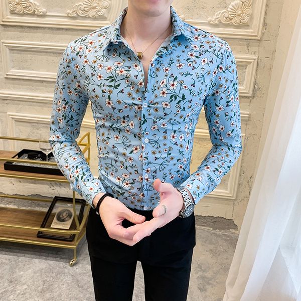 

fashion floral shirt men 2020 spring new long sleeve men's social shirts casual streetwear slim fit night club prom tuxedo 3xl, White;black
