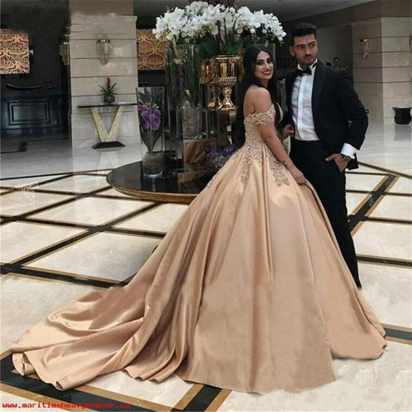 

arabic ball gown wedding dresses off the shoulder long train beaded lace satin wedding gowns custom made vestidos de b84, White