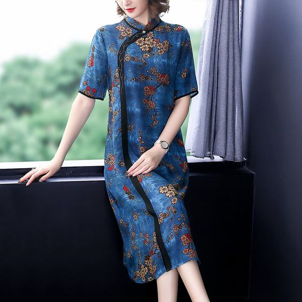 

2019 chinese dress qipao cheongsam chiffon dress women flora print chinese traditional cheongsam oriental knee length, Red