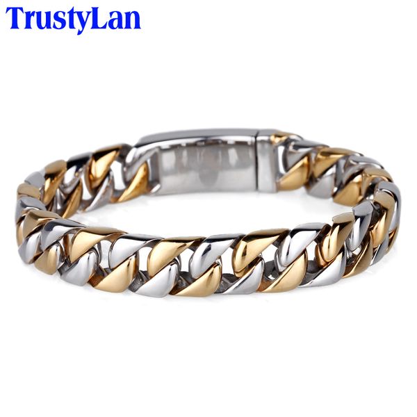 

trustylan never fade gold color bracelet men 22cm length link chain armband mens bracelets & bangles man wristband gift, Golden;silver