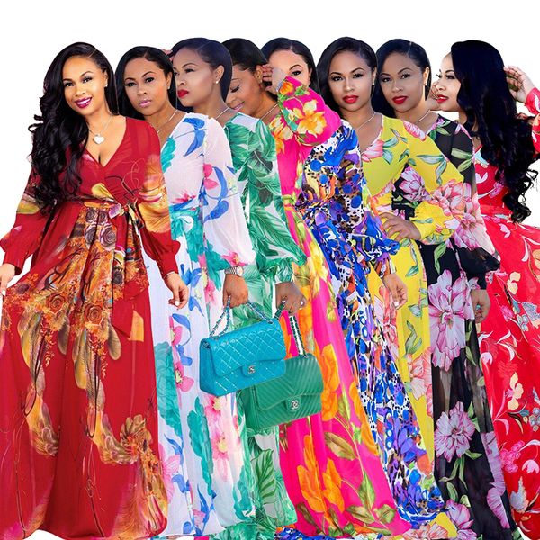 

Floral print vintage chiffon dre 2019 deep v neck long lantern leeve floor length dre pring plu ize beach maxi dre