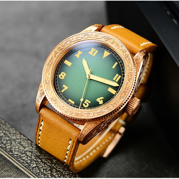 

san martin men vintage tin bronze carved watch automatic sapphire glass 500m water resistant multiple dials relojes diving watch, Slivery;brown