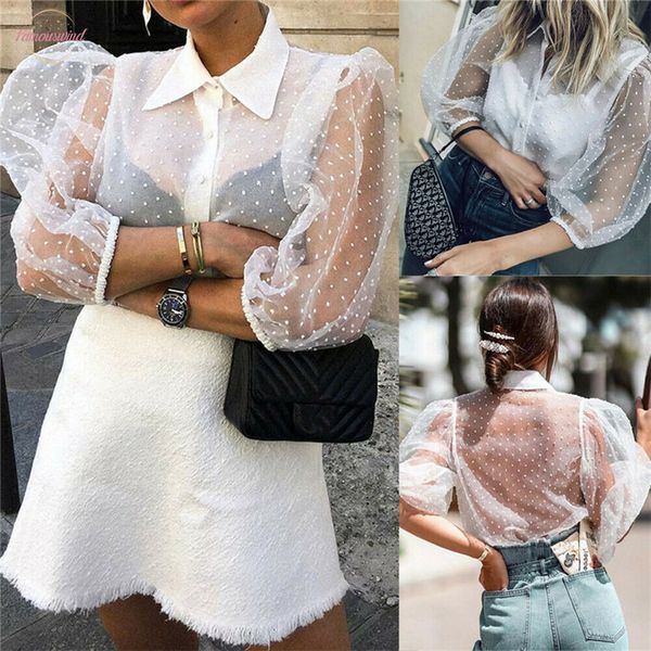 

high street vintage women sheer mesh lace polka dot puff sleeve puff sleeve button down ladies see through shirt blouse, White