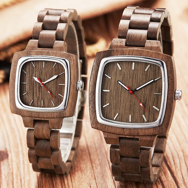 

wooden couple watch men women lover gift wrist watches male female brown walnut wood square dial quartz wristwatch reloj clock, Slivery;brown