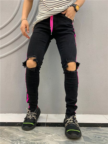 

2020 arm fashion designer mens ripped biker jeans leather patchwork slim fit black moto denim joggers for male distressed jeans pants28-40v3, Blue