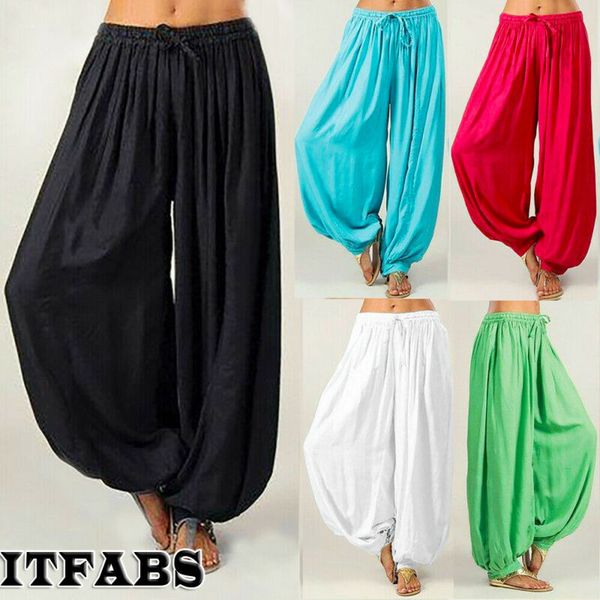 

women comfortable cotton solid color sport casual baggy loose harem pants workout dance yoga fashion sweatpants trousers, White;red
