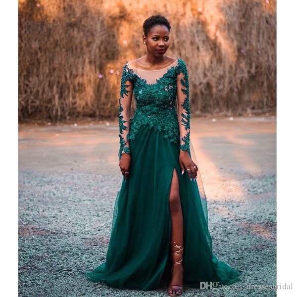 

emerald green tulle formal prom dresses long a-line african evening gowns long sleve appliques beaded leg slit party gowns q41, Black