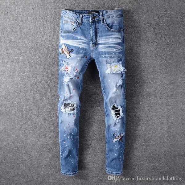 

2020 selling men's jeans amiri black high street style printed patch slim feet denim trousers 09, Blue