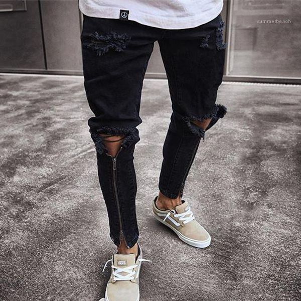 

джинсы черные рваные приталенный fit представительст карандаш брюки мужские дизайнерские джинсы молния дизайнер отверстий, Blue