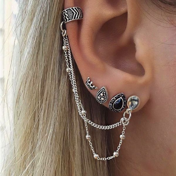 

bohemian retro style crown water droplets chain fashion earrings for women ear cuff set feather leaf owl earrings brincos, Golden;silver