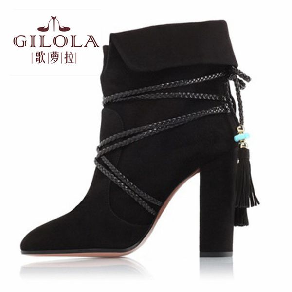 

gilola thread warm women boots motorcycle autumn winter plush inside platform low heels ankle women shoes woman #y0786395f, Black