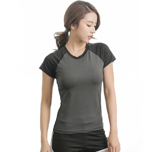 

womens sports yoga shirts compression workout fitness running sweatshirt color block elastic tights round neck short sleeve sport shirt, White;red