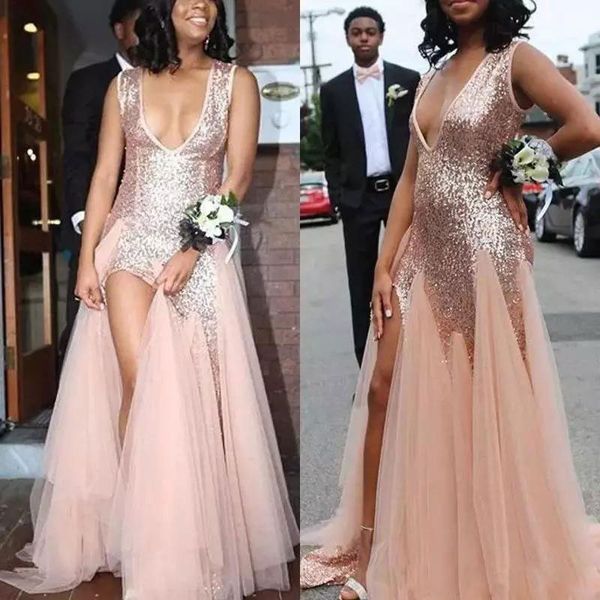 

shining sequined side split prom dresses deep v neck mermaid party dress floor length tulle plus size formal gowns, Black